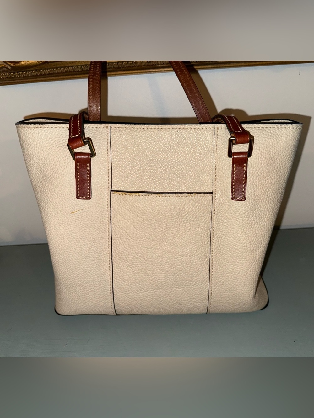 Dooney & Bourke Pebbled Leather Ivory Tote Shoulder Bag Brown Trim - Picture 2 of 6